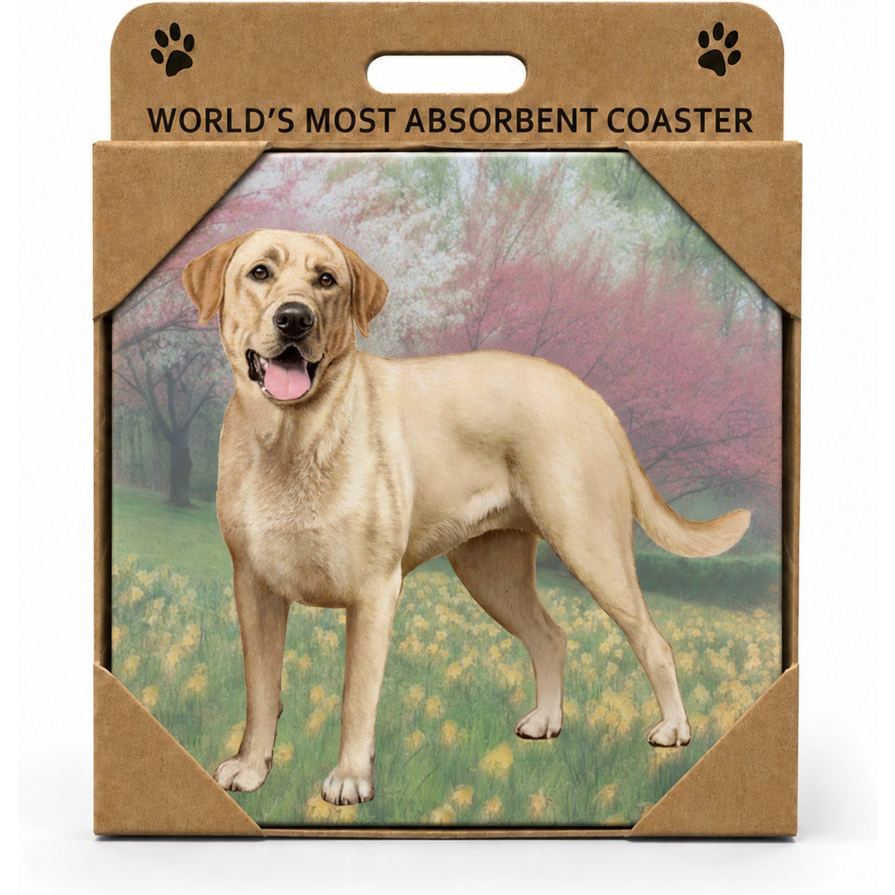 E&S PETS Labrador Yellow Standing Premium Ceramic Super Absorbent Cork Back Colorful Dog Art Coasters, 4 count