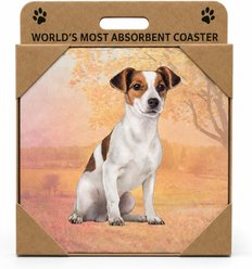 E&S PETS Jack Russell Premium Ceramic Super Absorbent Cork Back Colorful Dog Art Coasters, 4 count