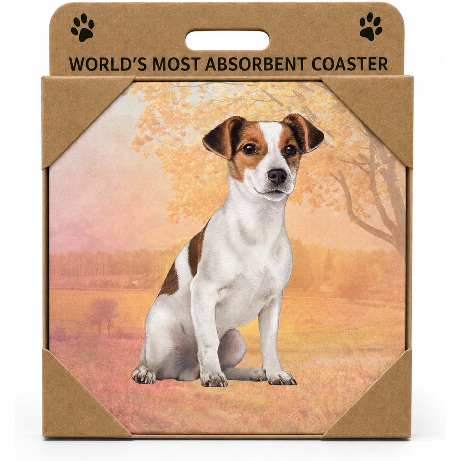 E&S PETS Jack Russell Premium Ceramic Super Absorbent Cork Back Colorful Dog Art Coasters, 4 count