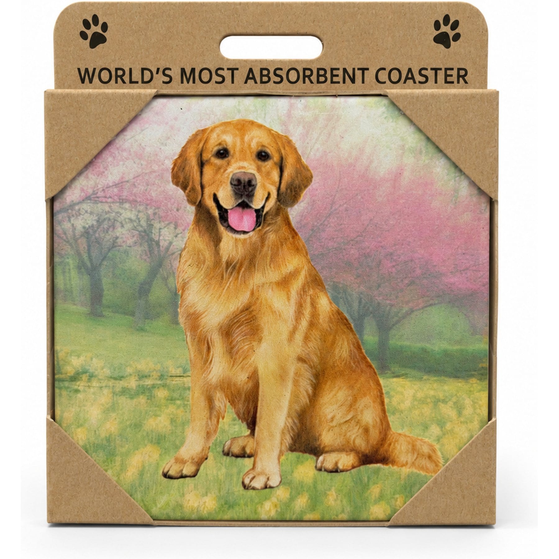 E&S PETS Golden Retriever Premium Ceramic Super Absorbent Cork Back Colorful Dog Art Coasters, 4 count