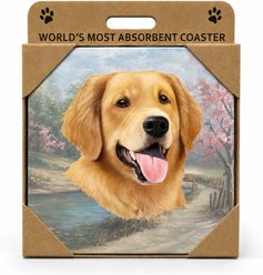 E&S PETS Golden Retriever Face Premium Ceramic Super Absorbent Cork Back Colorful Dog Art Coasters, 4 count