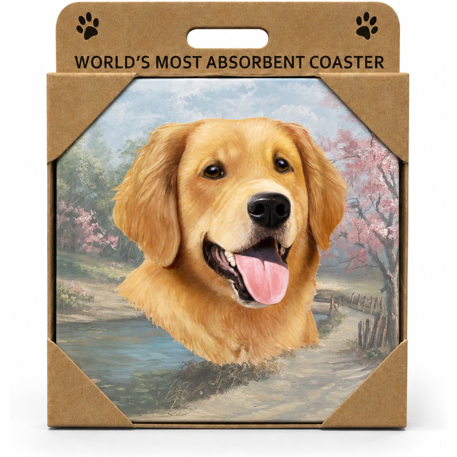 E&S PETS Golden Retriever Face Premium Ceramic Super Absorbent Cork Back Colorful Dog Art Coasters, 4 count