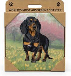 E&S PETS Dachshund Black & Tan Standing Premium Ceramic Super Absorbent Cork Back Colorful Dog Art Coasters, 4 count