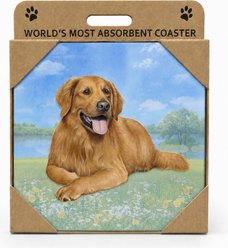 E&S PETS Golden Retriever Laying Premium Ceramic Super Absorbent Cork Back Colorful Dog Art Coasters, 4 count