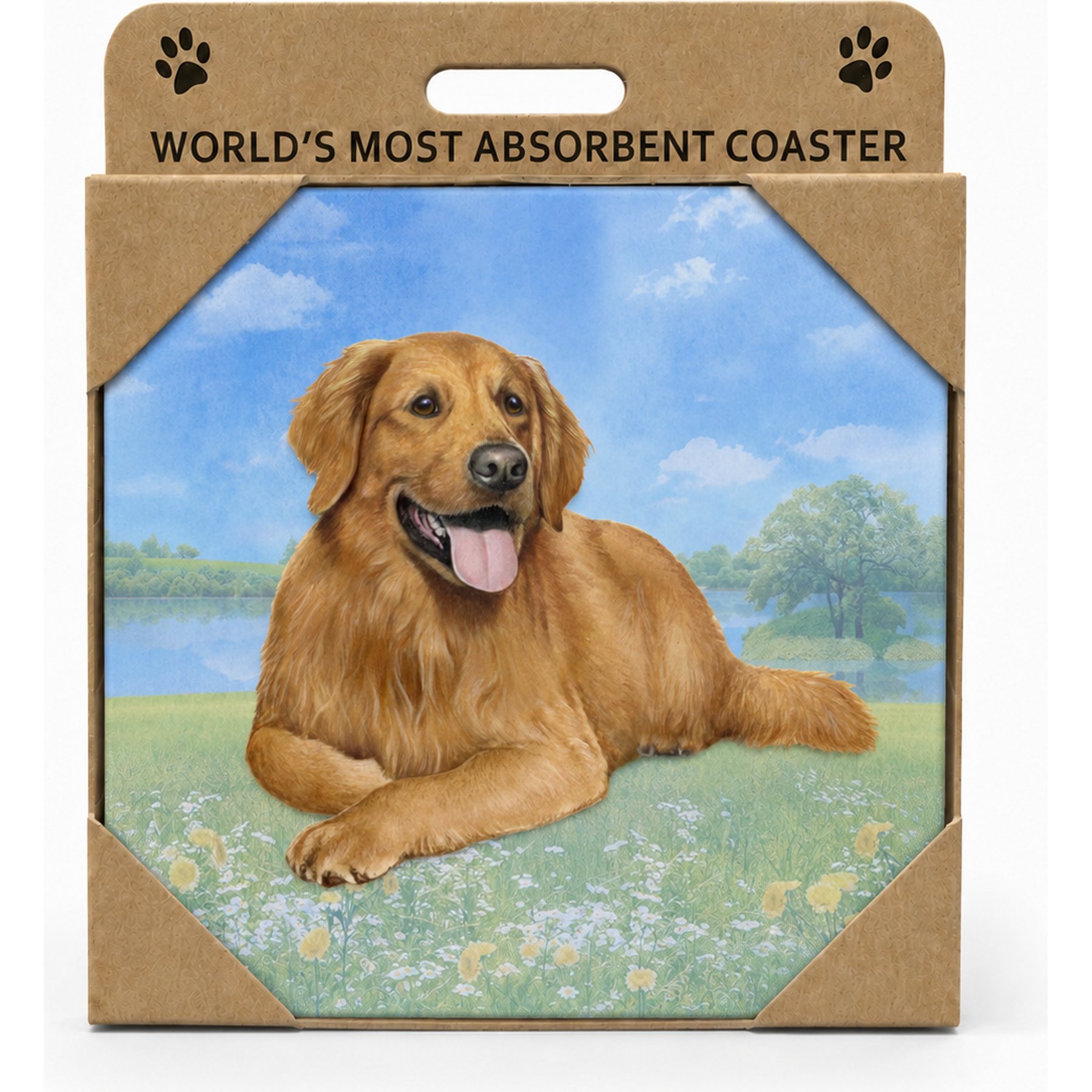 E&S PETS Golden Retriever Laying Premium Ceramic Super Absorbent Cork Back Colorful Dog Art Coasters, 4 count
