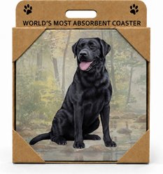 E&S PETS Labrador Black Sitting Premium Ceramic Super Absorbent Cork Back Colorful Dog Art Coasters, 4 count