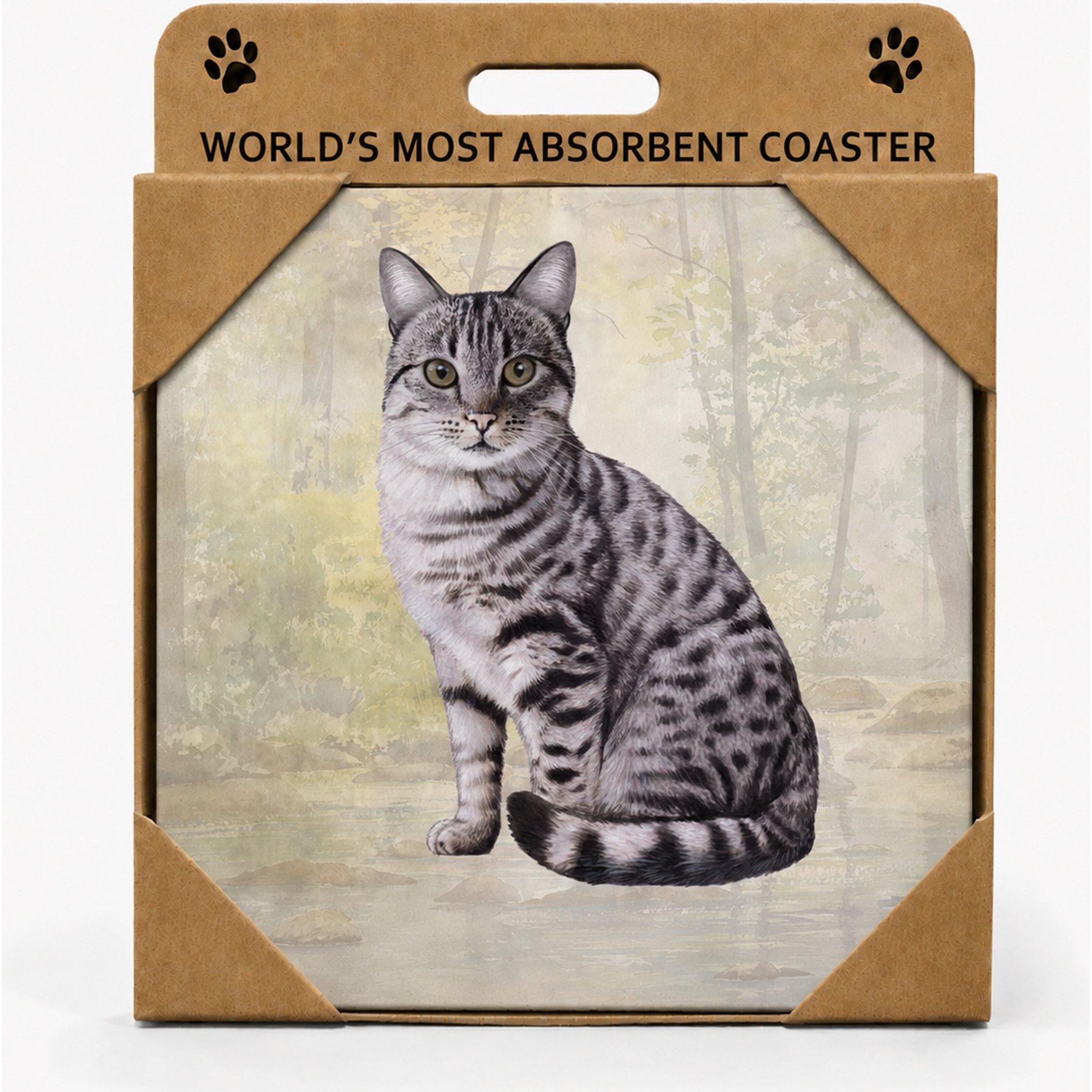 E&S PETS Silver Tabby Cat Premium Ceramic Super Absorbent Cork Back Colorful Dog Art Coasters, 4 count