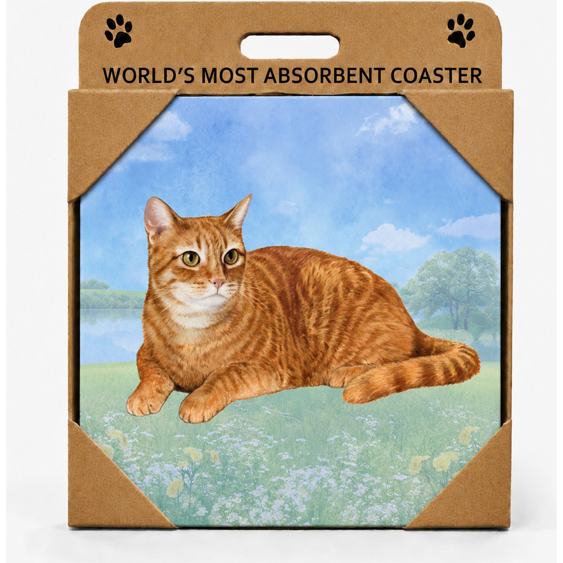 E&S PETS Orange Tabby Cat Premium Ceramic Super Absorbent Cork Back Colorful Dog Art Coasters, 4 count