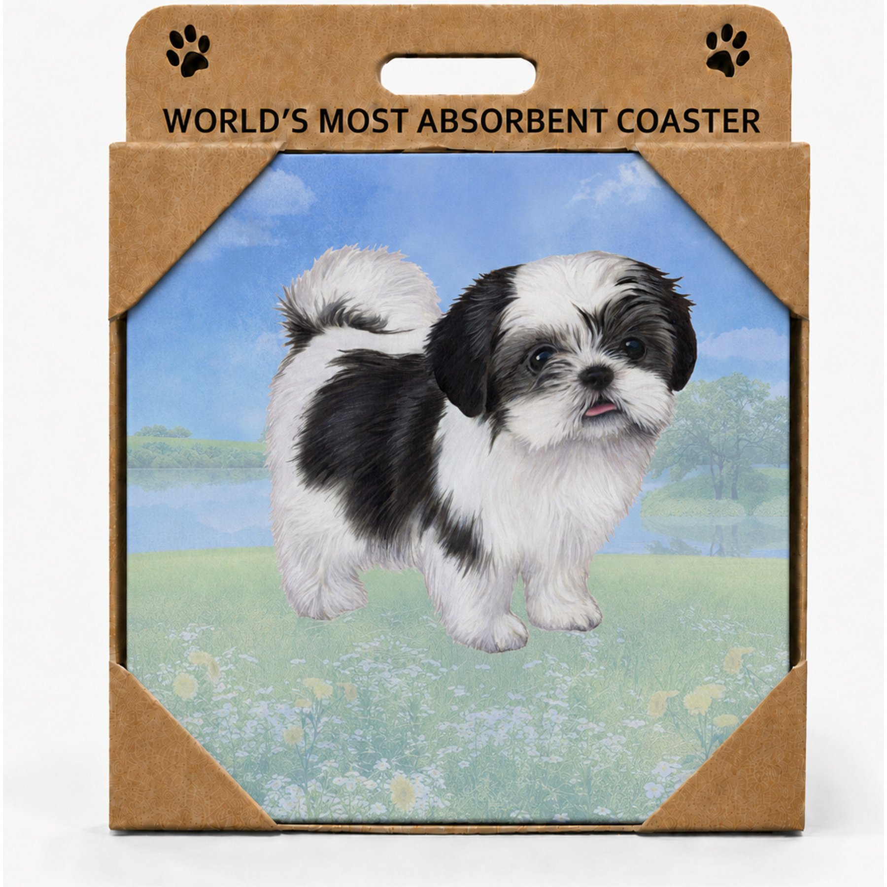 E&S PETS Shih Tzu Black & White Puppy Cut Premium Ceramic Super Absorbent Cork Back Colorful Dog Art Coasters, 4 count