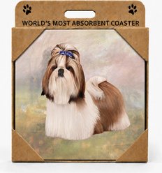 E&S PETS Shih Tzu Tan & White Face Premium Ceramic Super Absorbent Cork Back Colorful Dog Art Coasters, 4 count