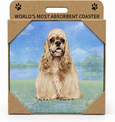 E&S PETS Cocker Spaniel Premium Ceramic Super Absorbent Cork Back Colorful Dog Art Coasters, 4 count