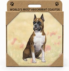 E&S PETS Boxer Uncropped Premium Ceramic Super Absorbent Cork Back Colorful Dog Art Coasters, 4 count