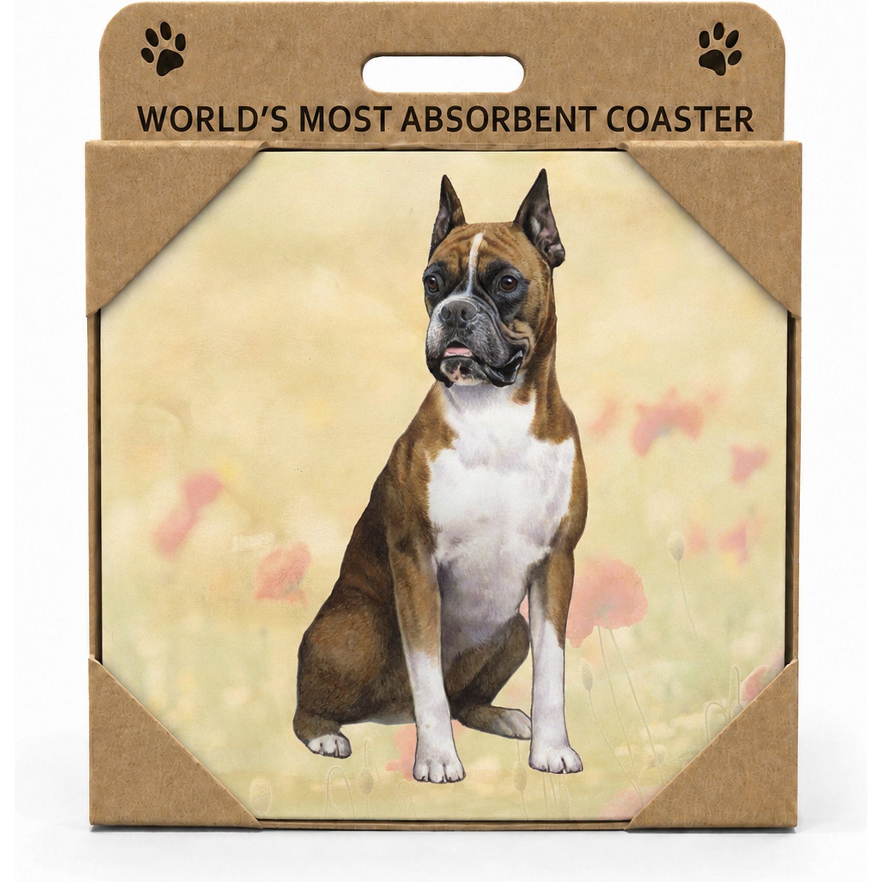 E&S PETS Boxer Uncropped Premium Ceramic Super Absorbent Cork Back Colorful Dog Art Coasters, 4 count