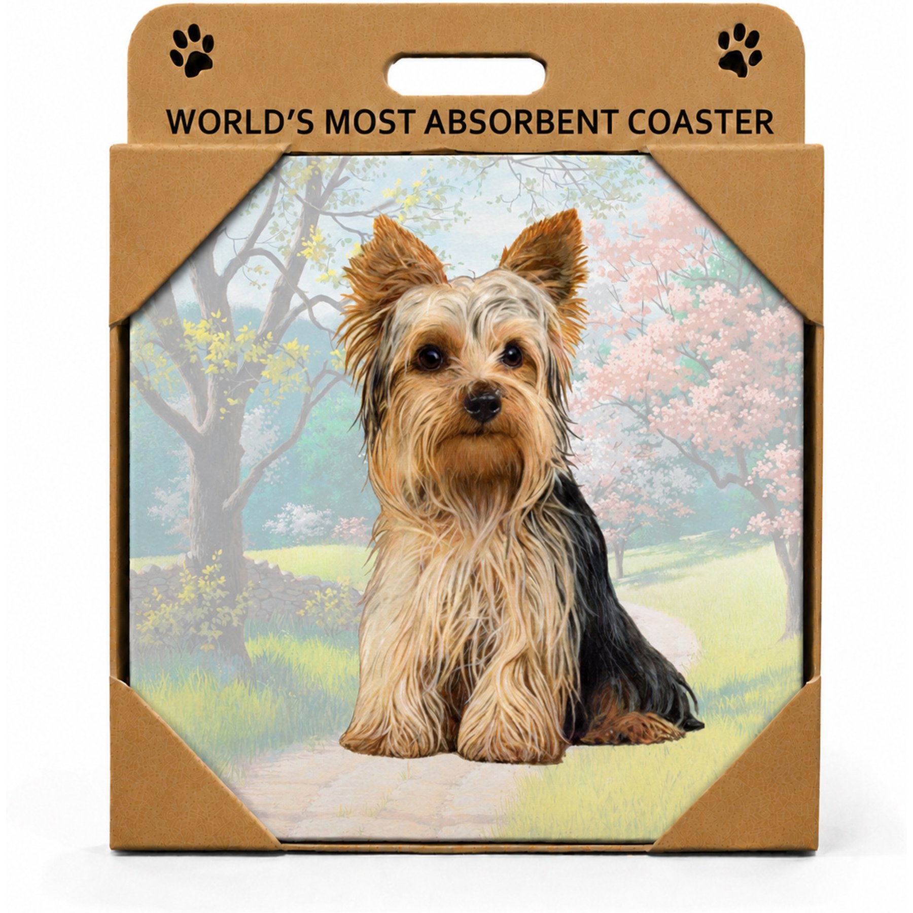 E&S PETS Yorkie Premium Ceramic Super Absorbent Cork Back Colorful Dog Art Coasters, 4 count