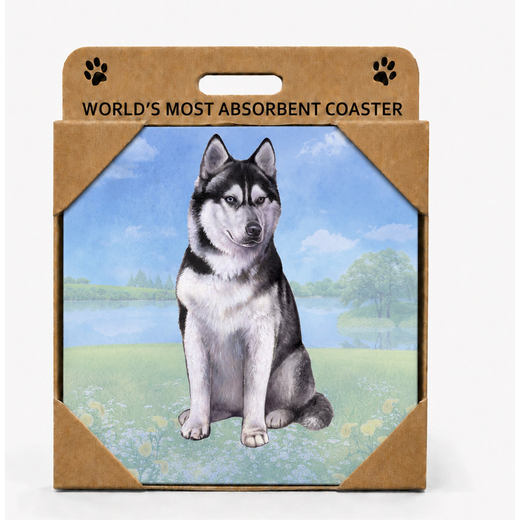 E&S PETS Siberian Husky Premium Ceramic Super Absorbent Cork Back Colorful Dog Art Coasters, 4 count