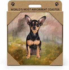 E&S PETS Chihuahua Black Premium Ceramic Super Absorbent Cork Back Colorful Dog Art Coasters, 4 count