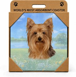 E&S PETS Yorkie Puppy Cut Premium Ceramic Super Absorbent Cork Back Colorful Dog Art Coasters, 4 count