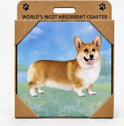 E&S PETS Welsh Corgi Standing Premium Ceramic Super Absorbent Cork Back Colorful Dog Art Coasters, 4 count
