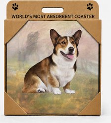 E&S PETS Welsh Corgi Sitting Premium Ceramic Super Absorbent Cork Back Colorful Dog Art Coasters, 4 count