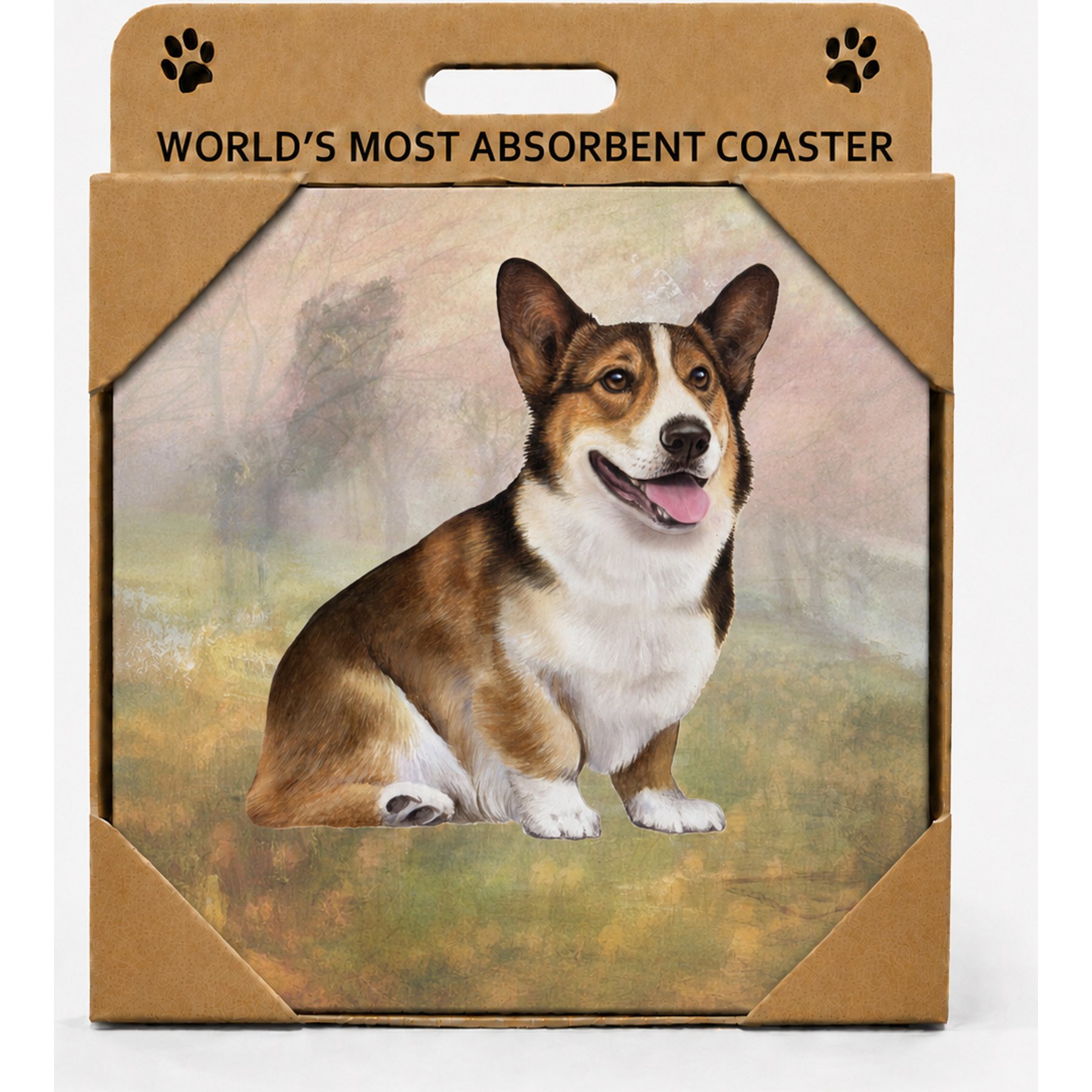 E&S PETS Welsh Corgi Sitting Premium Ceramic Super Absorbent Cork Back Colorful Dog Art Coasters, 4 count