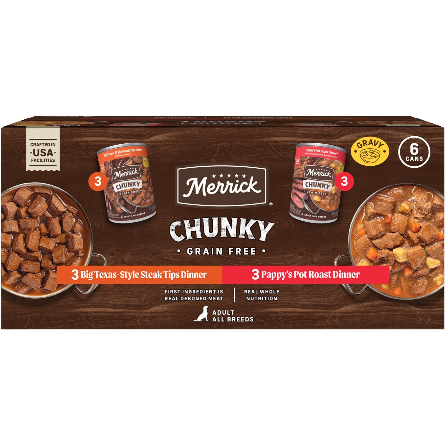 Merrick Variety Pack Grain-Free Texas Style Steak Tips Dinner & Pappy's Pot Roast Dinner Chunky Canned Wet Dog Food, 12.7-oz can, 6 count