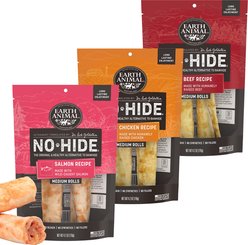 Earth Animal No-Hide Medium Rolls Long Lasting Natural Rawhide Alternative Chicken Recipe, 2 count + Beef Recipe, 2 count + Salmon Recipe Chew Dog Treats, 2 count