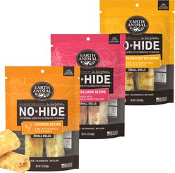 Earth Animal No-Hide Small Rolls Long Lasting Natural Rawhide Alternative Chicken Recipe, 2 count + Salmon Recipe, 2 count + Peanut Butter Vegetarian Recipe Chew Dog Treats, 2 count slide 1 of 9