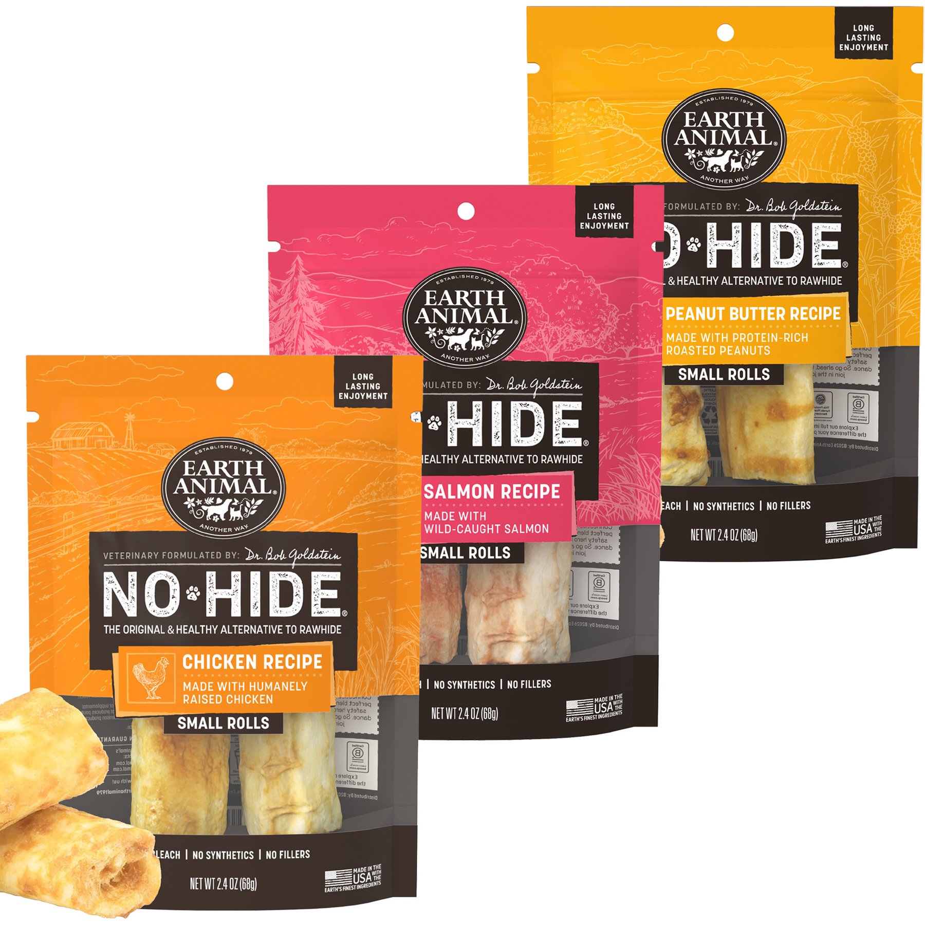 Earth Animal No-Hide Small Rolls Long Lasting Natural Rawhide Alternative Chicken Recipe, 2 count + Salmon Recipe, 2 count + Peanut Butter Vegetarian Recipe Chew Dog Treats, 2 count