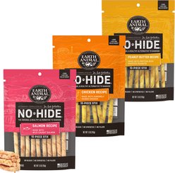 Earth Animal No-Hide Stix Long Lasting Natural Rawhide Alternative Chicken Recipe, 10 count + Salmon Recipe, 10 count + Peanut Butter Vegetarian Recipe Chew Dog & Cat Treat Sticks, 10 count