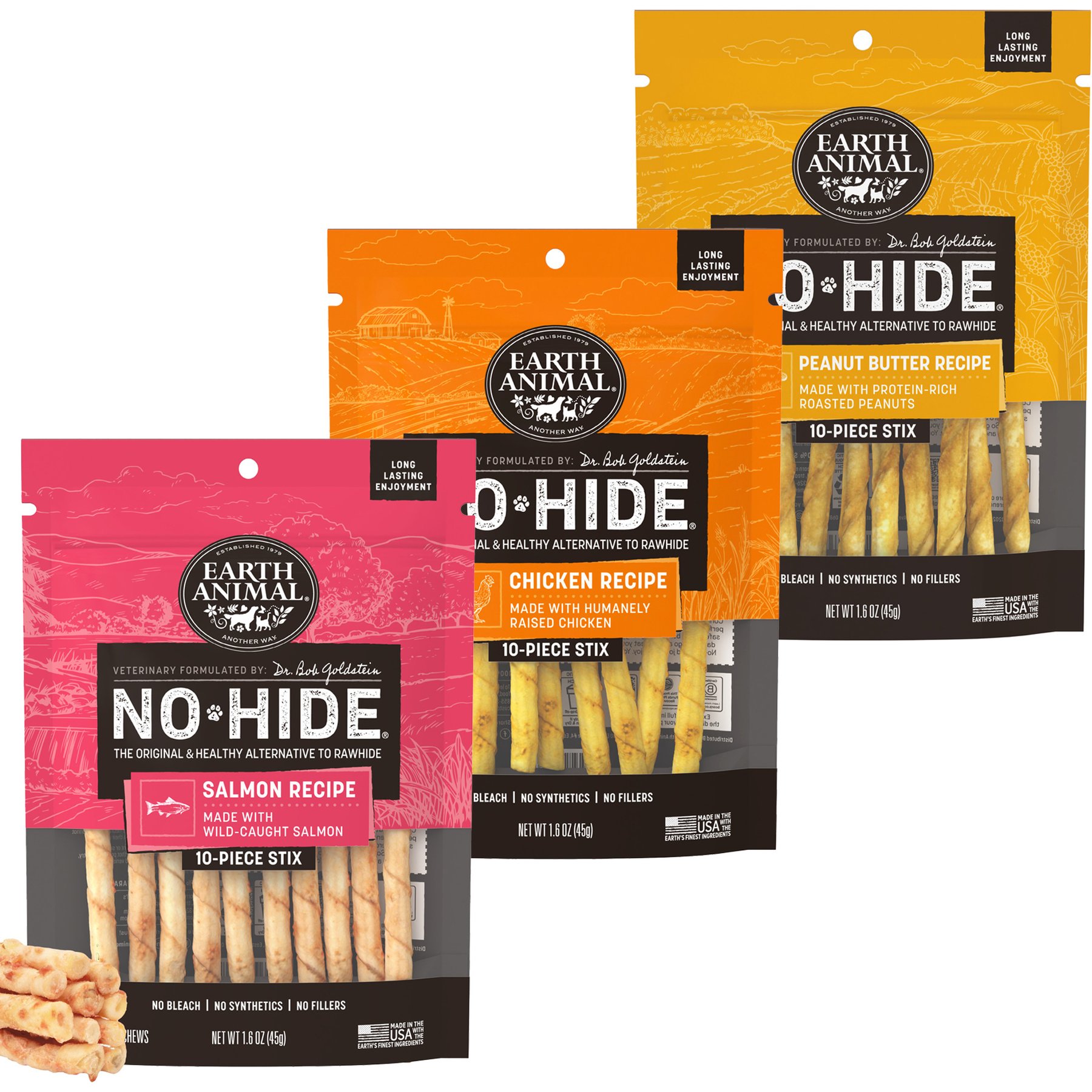 Earth Animal No-Hide Stix Long Lasting Natural Rawhide Alternative Chicken Recipe, 10 count + Salmon Recipe, 10 count + Peanut Butter Vegetarian Recipe Chew Dog & Cat Treat Sticks, 10 count