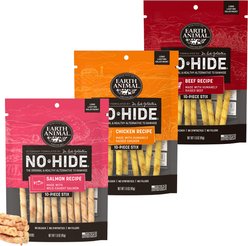Earth Animal No-Hide Stix Long Lasting Natural Rawhide Alternative Salmon Recipe Dog & Cat Treats, 10 count + Chicken Recipe, 10 count + Beef Recipe Chew, 10 count