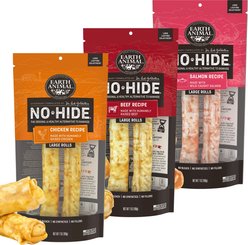 Earth Animal No-Hide Large Rolls Long Lasting Natural Rawhide Alternative Beef Recipe Chew Dog Treats, 2 count + Chicken Recipe, 2 count + Salmon Recipe, 2 count