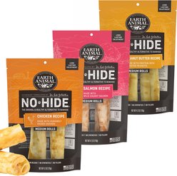 Earth Animal No-Hide Medium Rolls Long Lasting Natural Rawhide Alternative Salmon Recipe, 2 count + Peanut Butter Recipe, 2 count + Chicken Recipe Chew Dog Treats, 2 count