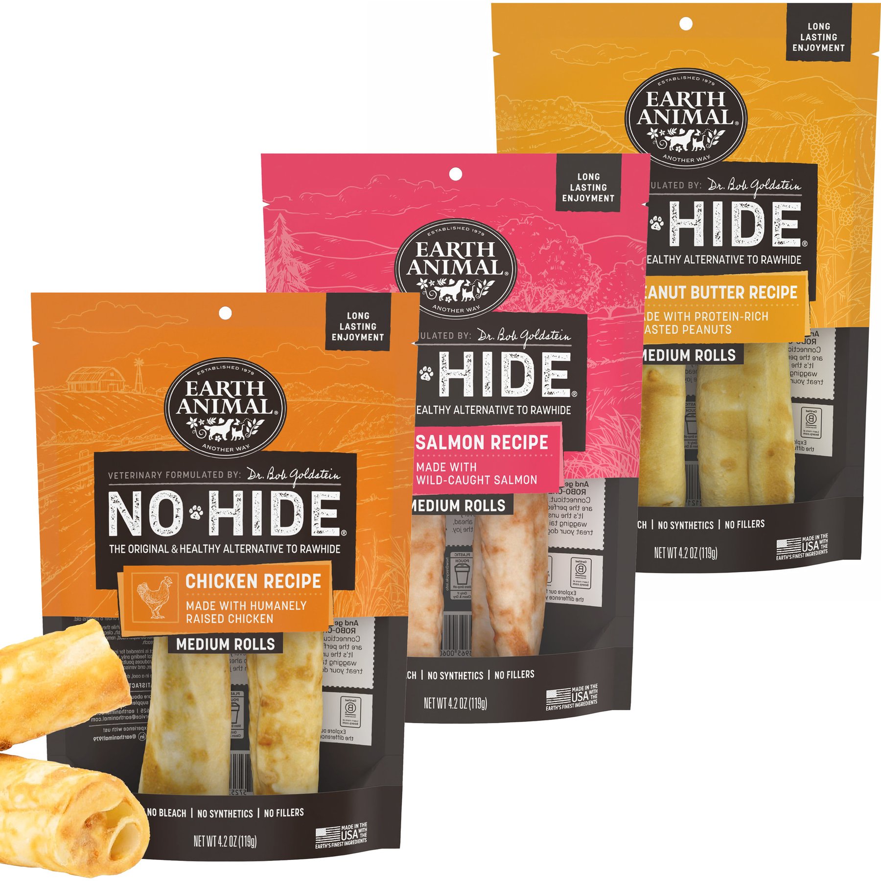 Earth Animal No-Hide Medium Rolls Long Lasting Natural Rawhide Alternative Salmon Recipe, 2 count + Peanut Butter Recipe, 2 count + Chicken Recipe Chew Dog Treats, 2 count