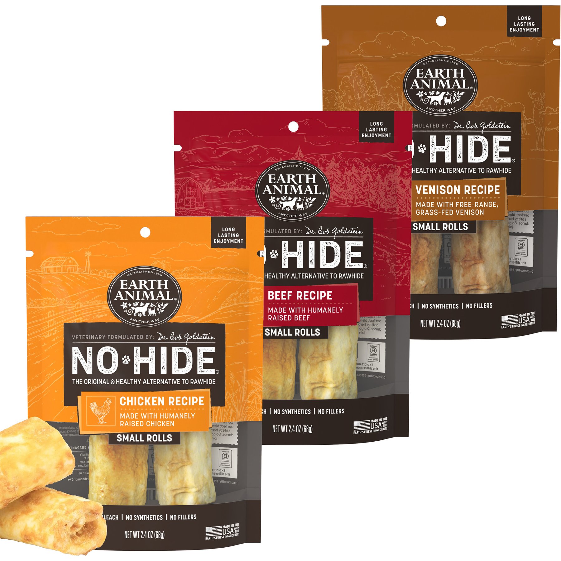 Earth Animal No-Hide Small Rolls Long Lasting Natural Rawhide Alternative Chicken Recipe Chew Dog Treats, 2 count + Venison Recipe, 2 count + Beef Recipe, 2 count