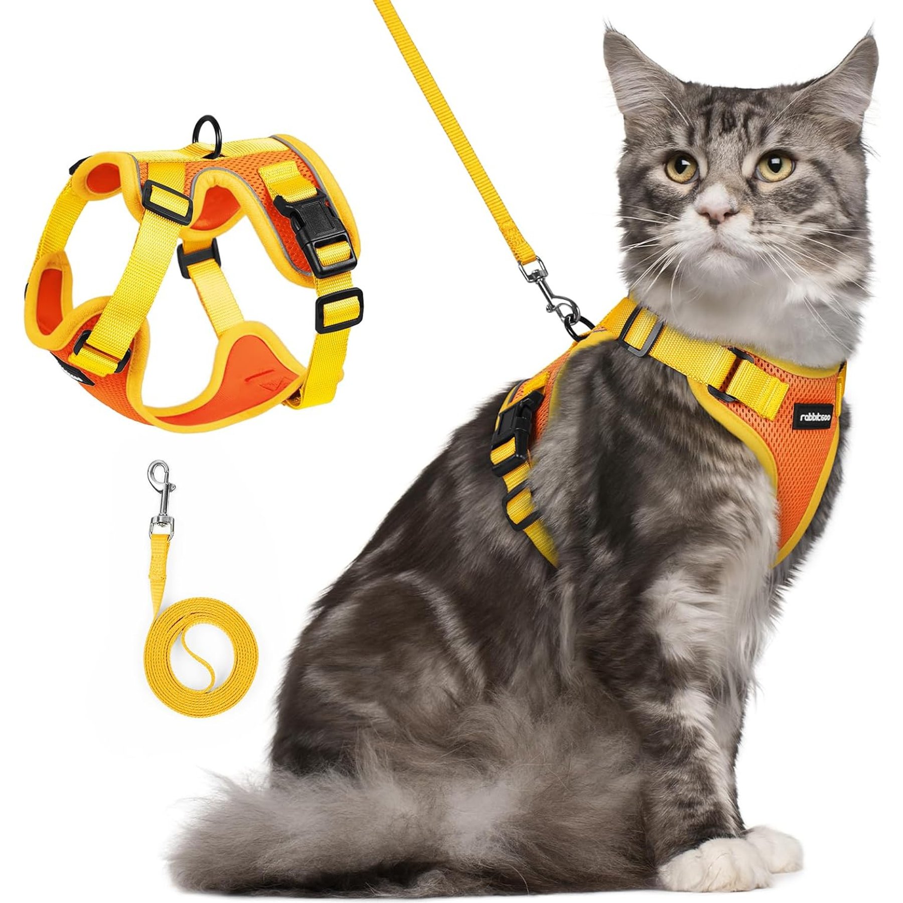 Rabbitgoo Escape Proof Soft Adjustable Basic Cat Harness & Leash Set, Orange/Yellow, Medium: 19.5 to 24-in chest