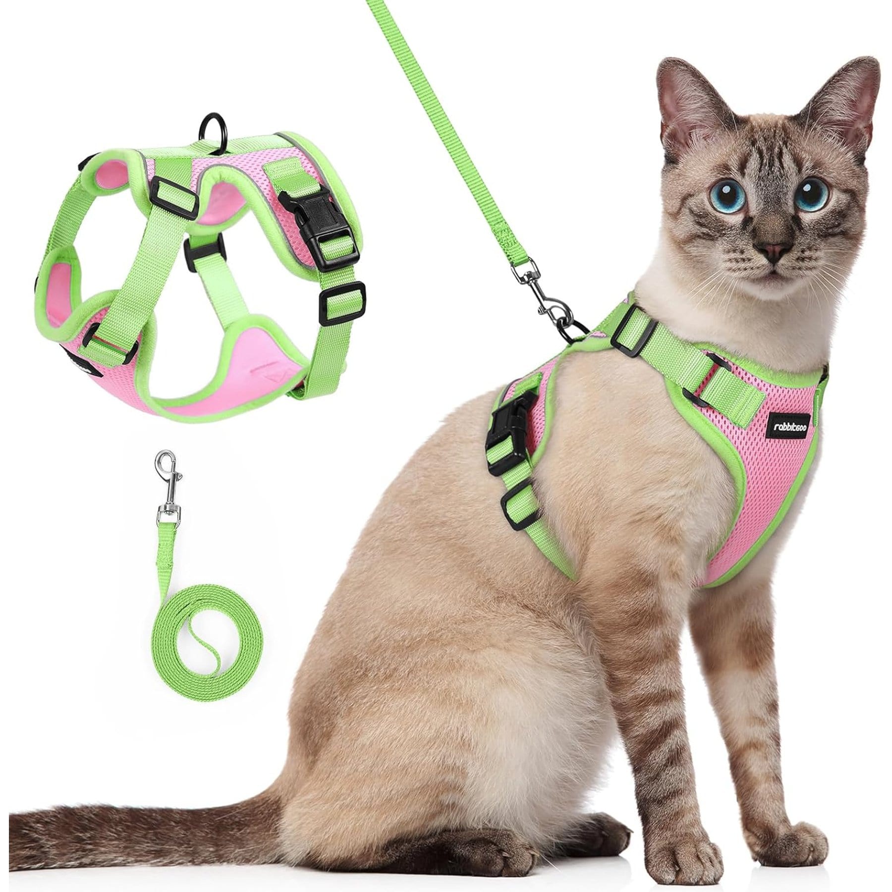 Rabbitgoo Escape Proof Soft Adjustable Basic Cat Harness & Leash Set, Pink/Light Green, Small: 18.4 to 20-in chest
