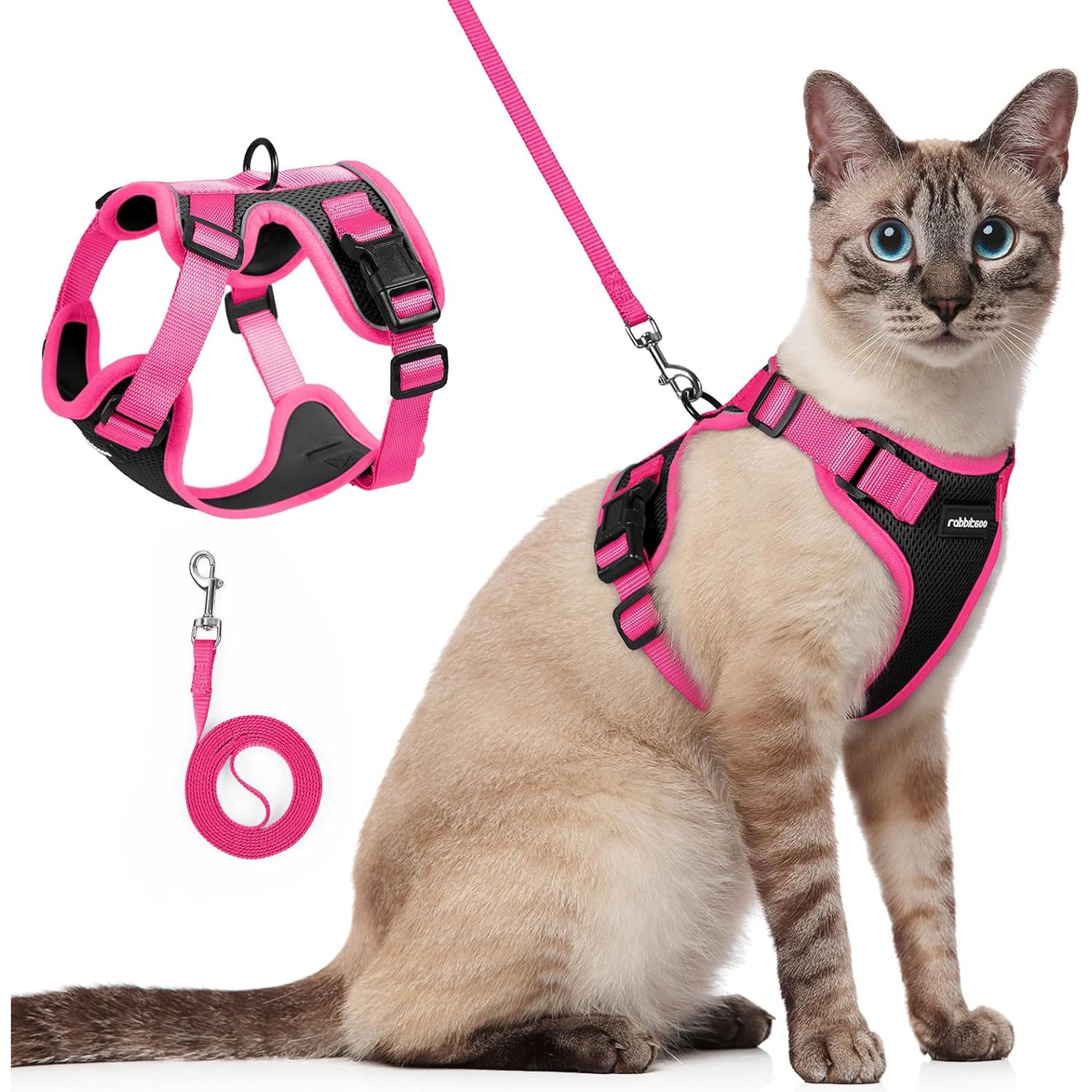 Rabbitgoo Escape Proof Soft Adjustable Basic Cat Harness & Leash Set, Black/Rose Pink, Small: 18.4 to 20-in chest
