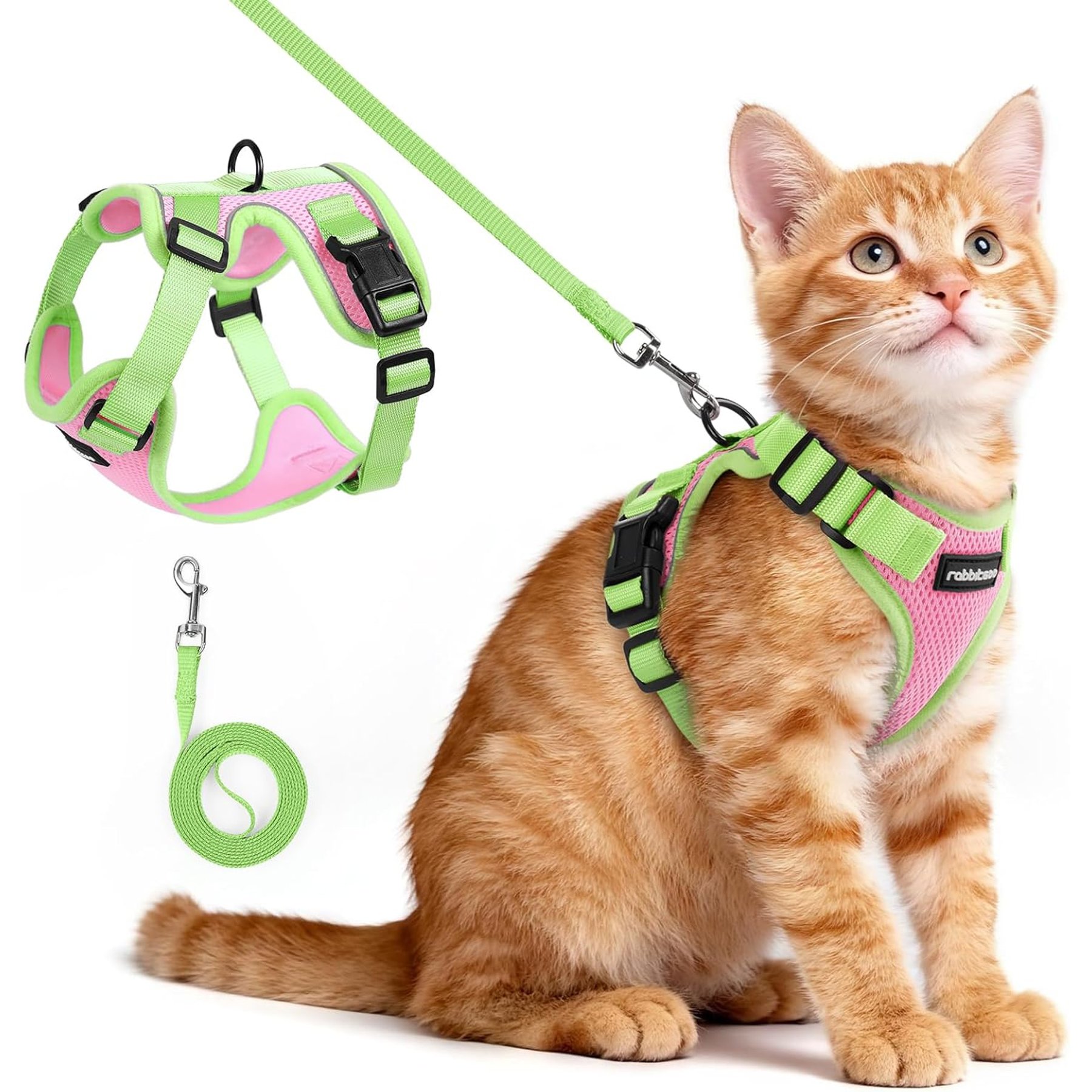 Rabbitgoo Escape Proof Soft Adjustable Basic Cat Harness & Leash Set, Pink/Light Green, X-Small: 13.9 to 16-in chest