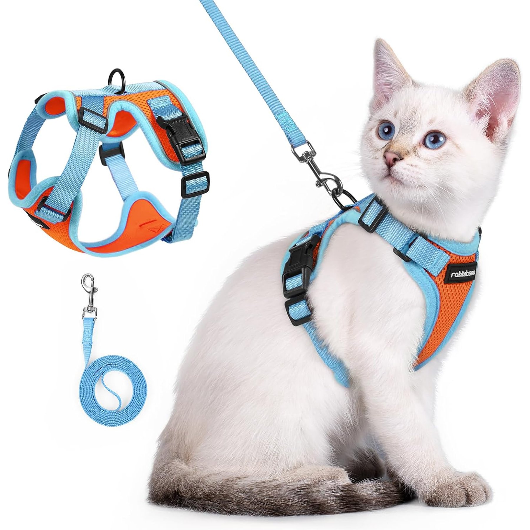 Rabbitgoo Escape Proof Soft Adjustable Basic Cat Harness & Leash Set, Orange/Light Blue, XX-Small: 12.2 to 14-in chest