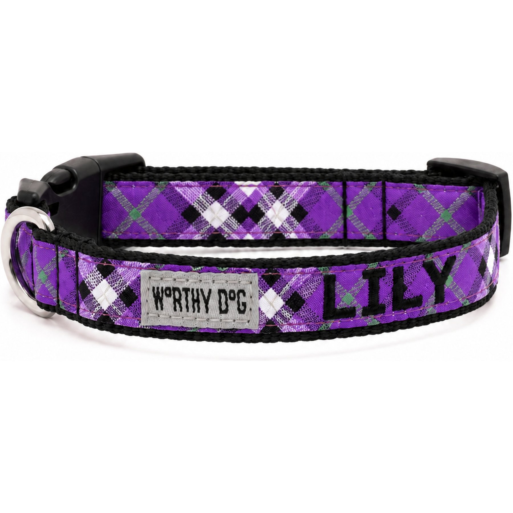 The Worthy Dog Personalized Bias Plaid Adjustable Dog Collar, Purple, Medium: 11 to 17-in neck, 1-in wide