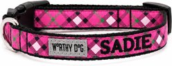 The Worthy Dog Personalized Bias Plaid Adjustable Dog Collar, Pink, Medium: 11 to 17-in neck, 1-in wide
