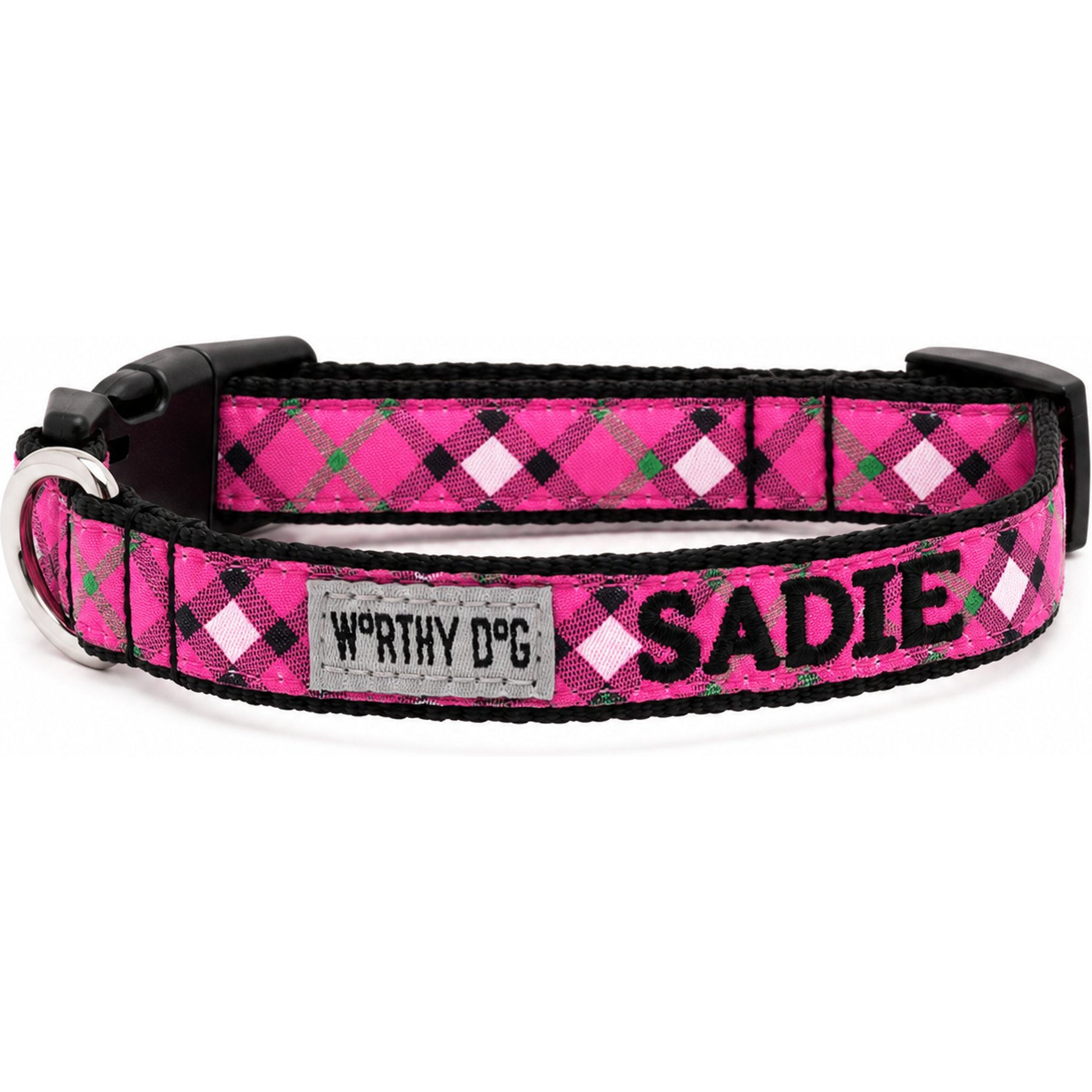 The Worthy Dog Personalized Bias Plaid Adjustable Dog Collar, Pink, Large: 14 to 20-in neck, 1-in wide