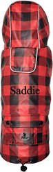 The Worthy Dog Personalized London Plaid Water Resistant Dog Raincoat, Red/Black, Medium