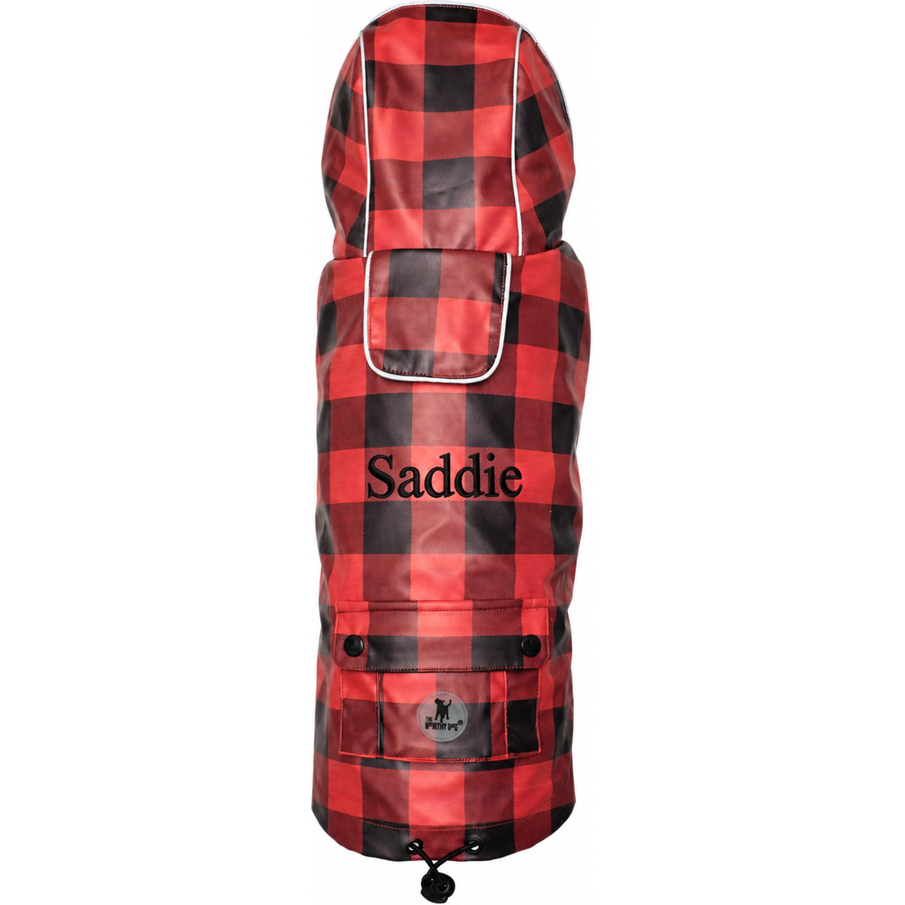 The Worthy Dog Personalized London Plaid Water Resistant Dog Raincoat, Red/Black, X-Large