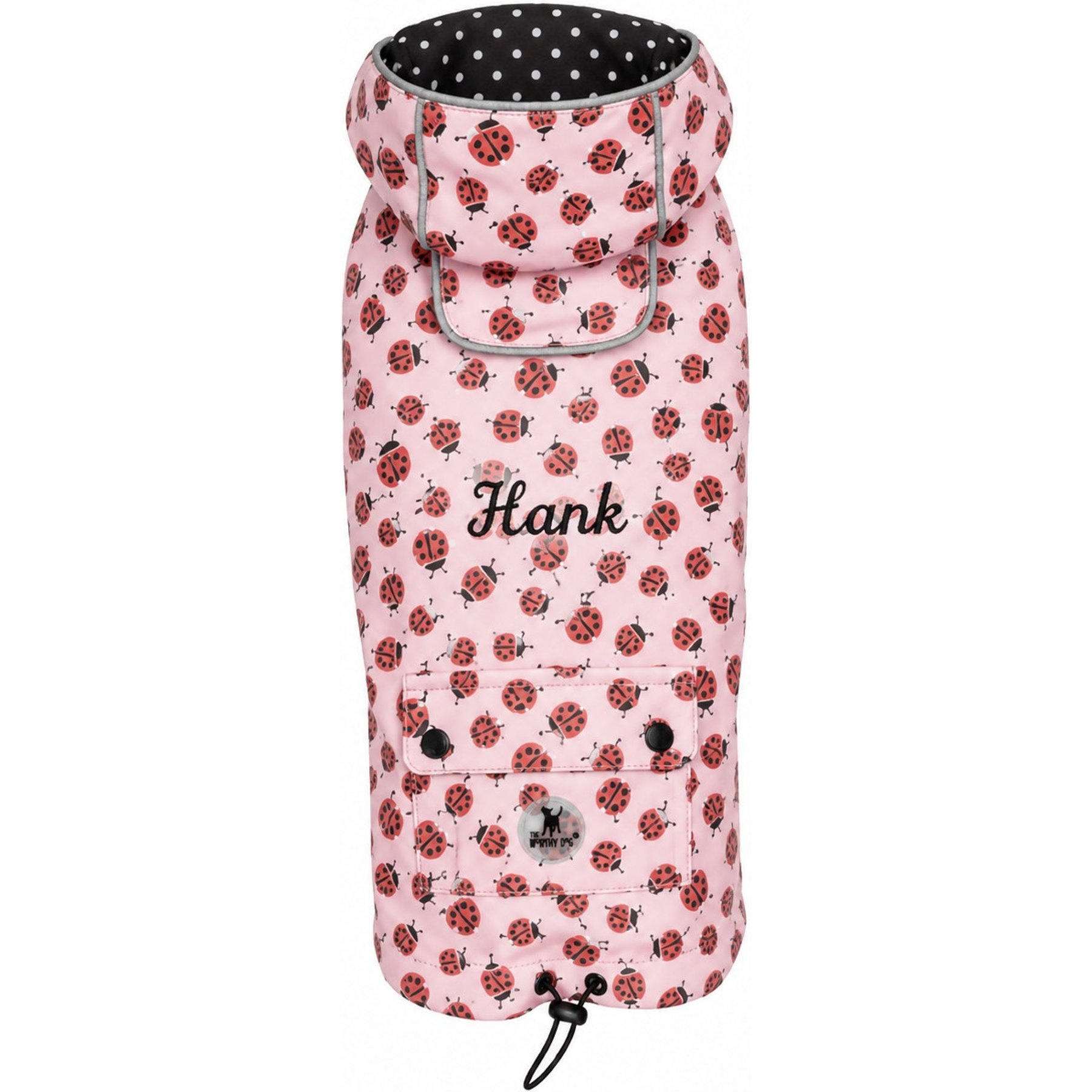 The Worthy Dog Personalized London Graphic Water Resistant Dog Raincoat, Pink Ladybugs, Small