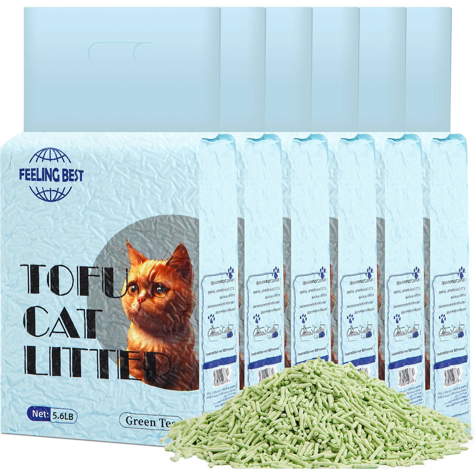 FEELING BEST Natural Tofu with Flushable, Ultra Absorbent & Fast Drying Green Tea Clumping Cat Litter, 5.6-Ib box, 6 count