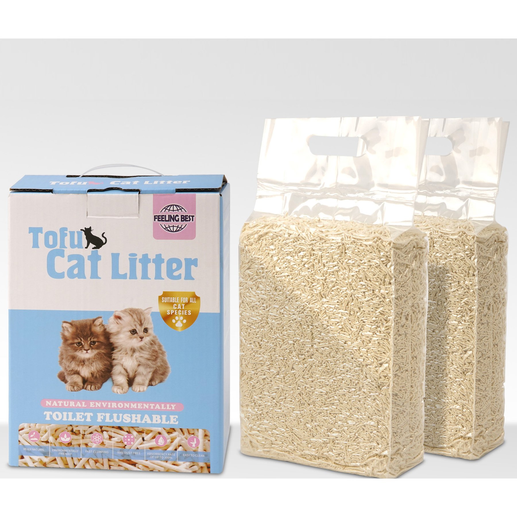 FEELING BEST Natural Tofu with Flushable, Ultra Absorbent & Fast Drying, Orginal Clumping Cat Litter, 5.6-Ib box, 2 count