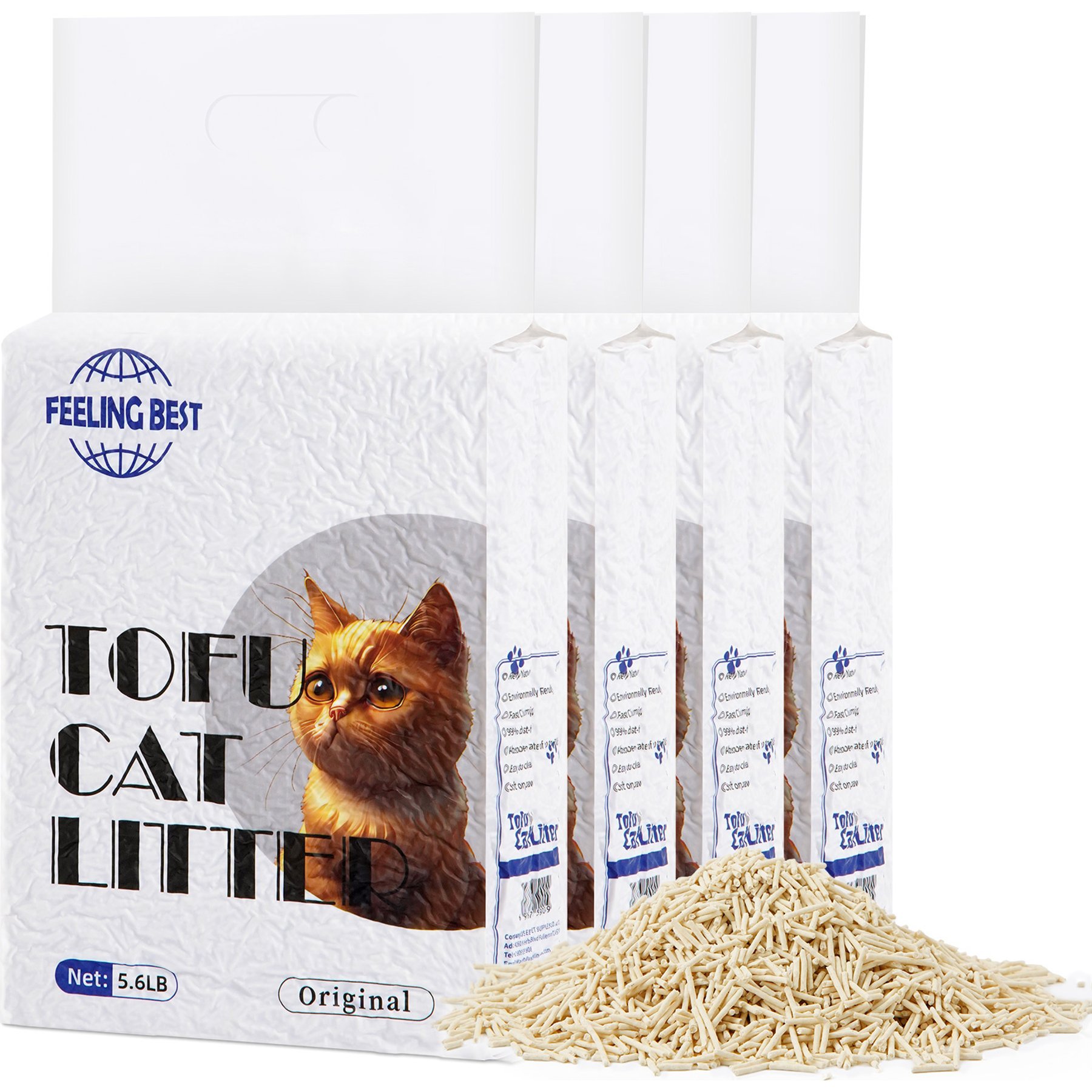 FEELING BEST Natural Tofu with Flushable, Ultra Absorbent & Fast Drying, Orginal2 Clumping Cat Litter, 5.6-Ib box, 4 count
