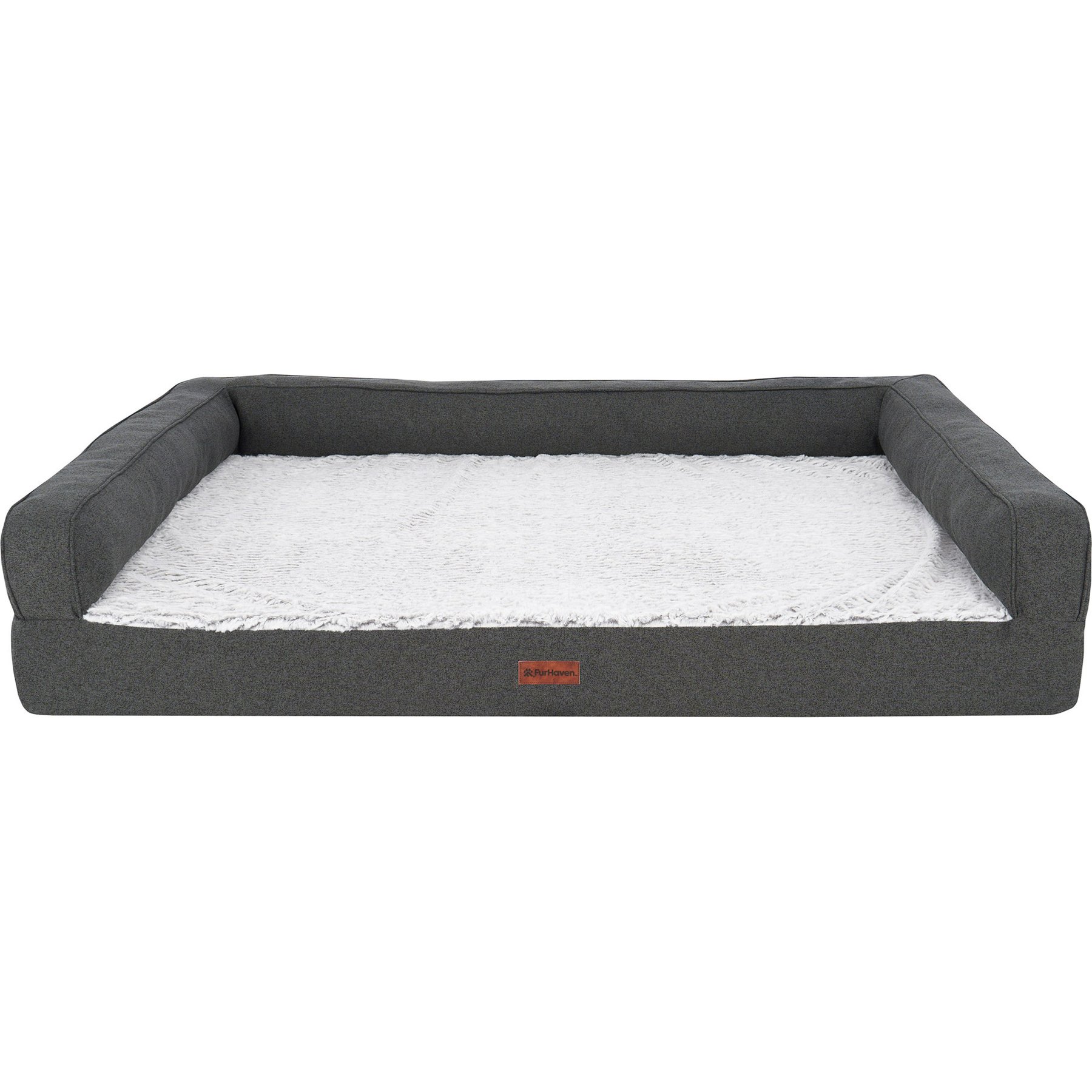 FurHaven Pet Products Faux Fur & Faux Linen Cooling Gel Top Modern Sofa Bolster Dog Bed, Charcoal, Jumbo Plus: 53-in
